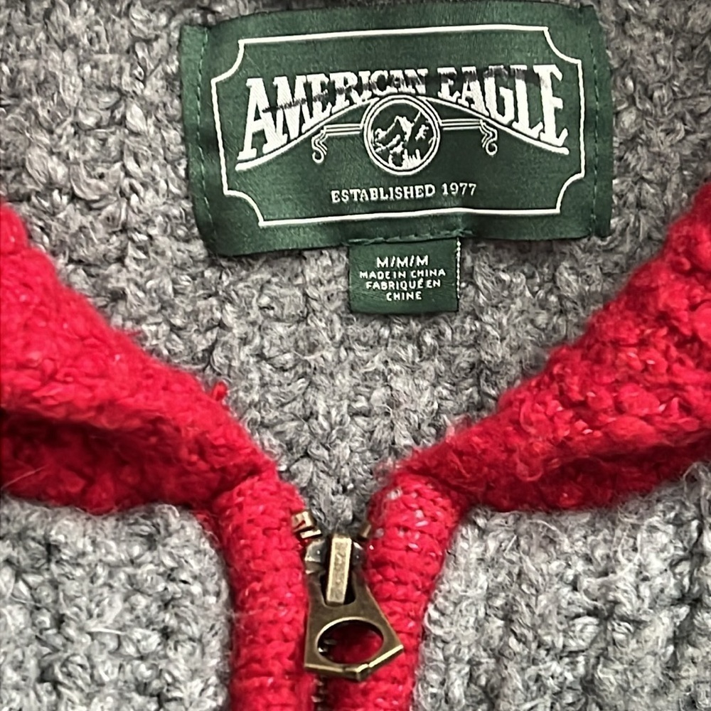 American Eagle Y2K Vintage Varsity full zip cardigan Sweater, grey and red,sz M - Picture 5 of 10